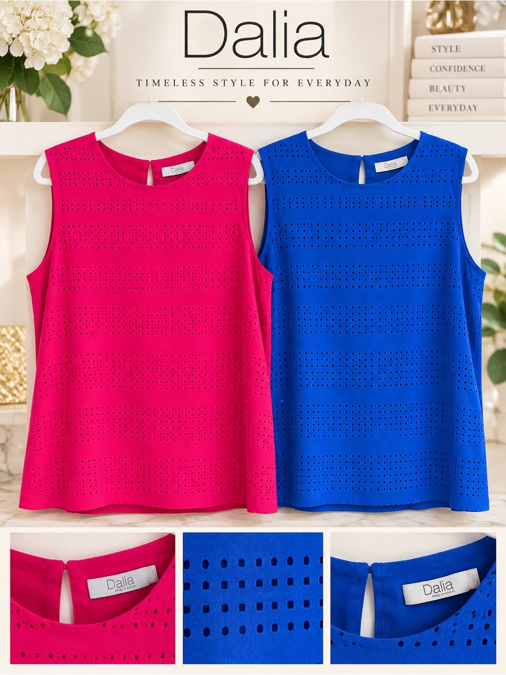 Two Dalia Eyelet Cutout Sleeveless Tank Tops Boxy Blouses | EUC | Pink & Blue